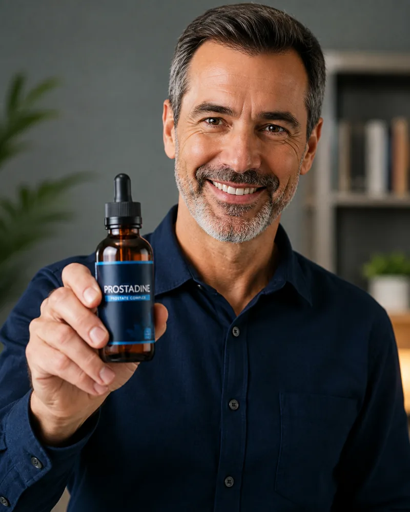 Man in his fifties holding a bottle of Prostadine