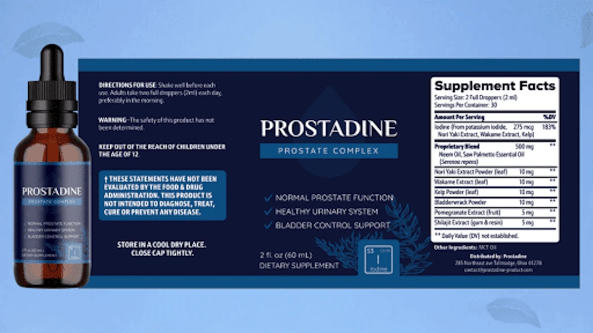 Prostadine supplement facts panel: iodine 275mcg 183% DV, proprietary blend 500mg of neem oil and saw palmetto, nori yaki 10mg, wakame 10mg, kelp 10mg, bladderwrack 10mg, pomegranate 5mg, shilajit 5mg